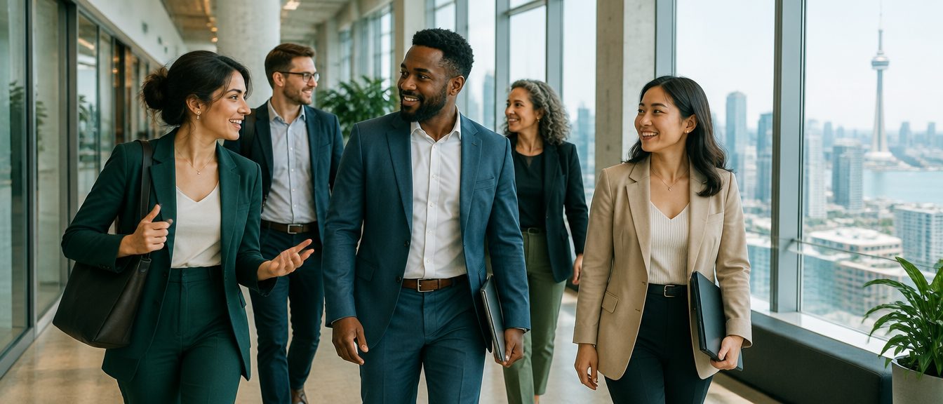 Des professionnels de la formation et du développement discutent en marchant dans un bureau moderne et lumineux.