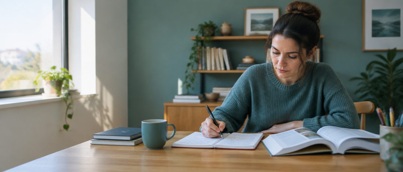 Une candidate étudie avec ses notes et un manuel.