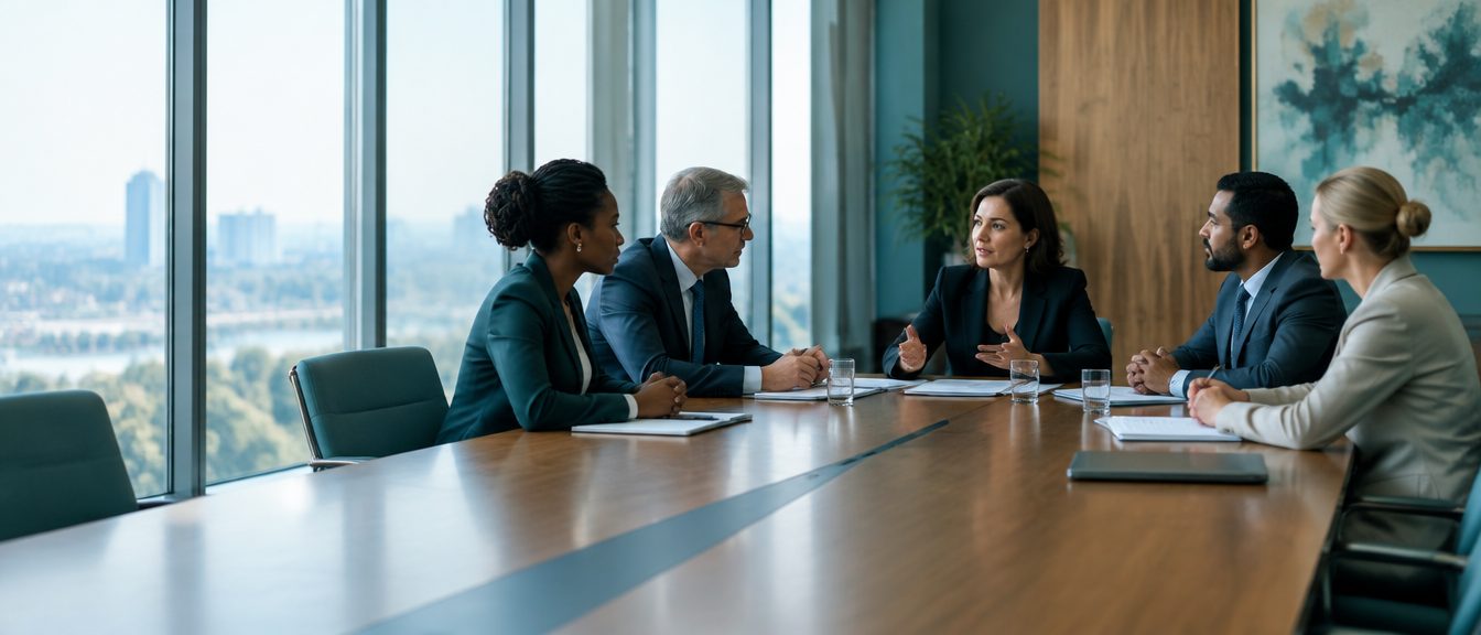 Un conseil d'administration en discussion autour d'une table.