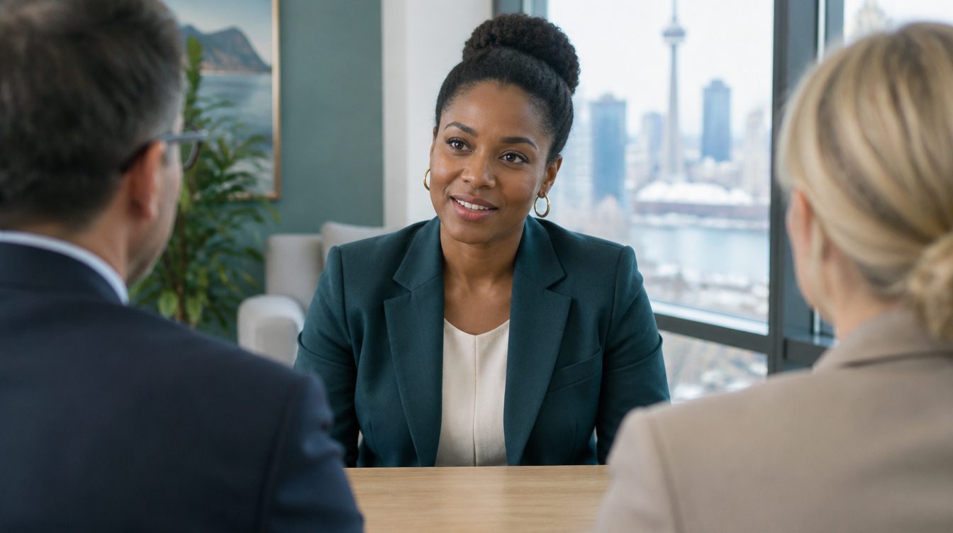 Une candidate en discussion avec deux intervieweurs.