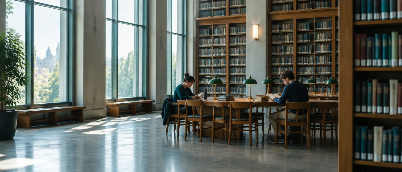 A bright library reading room with tall shelves of books.
