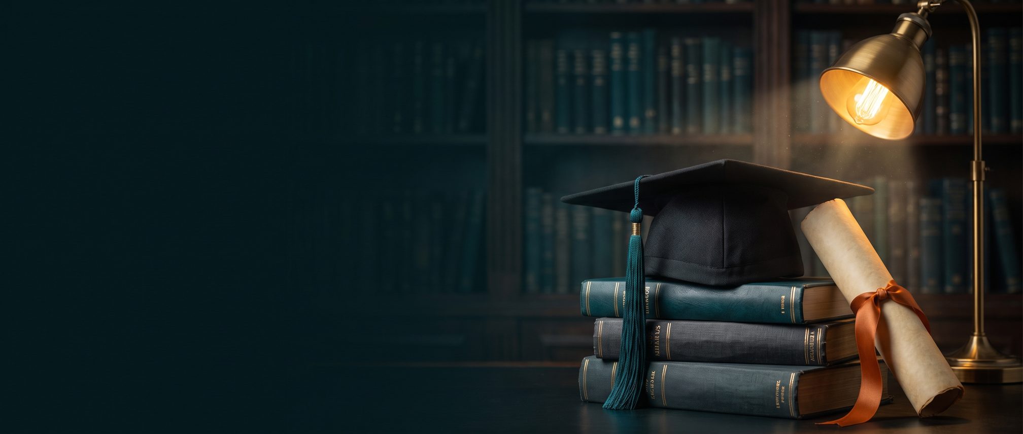 A graduation cap on a stack of books beside a rolled diploma and a desk lamp.