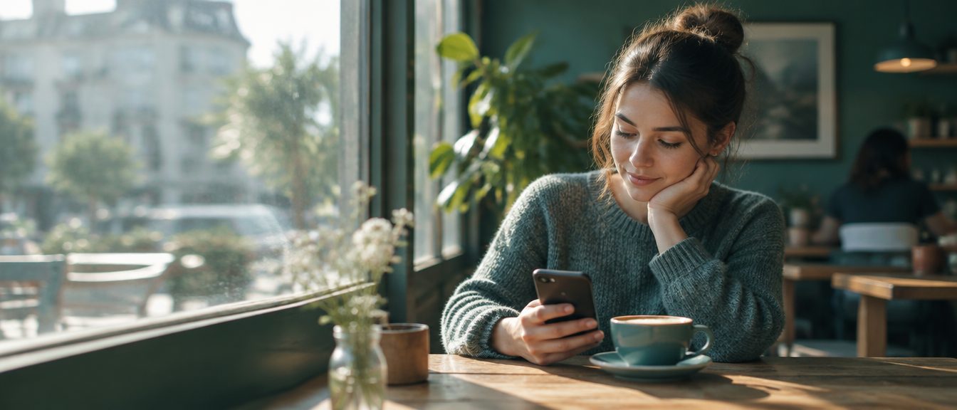 Une personne lit sur son téléphone en prenant son café du matin.