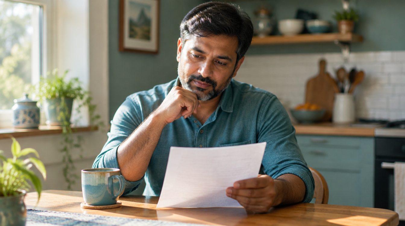 Une professionnelle lit une lettre d'offre à la table de la cuisine.