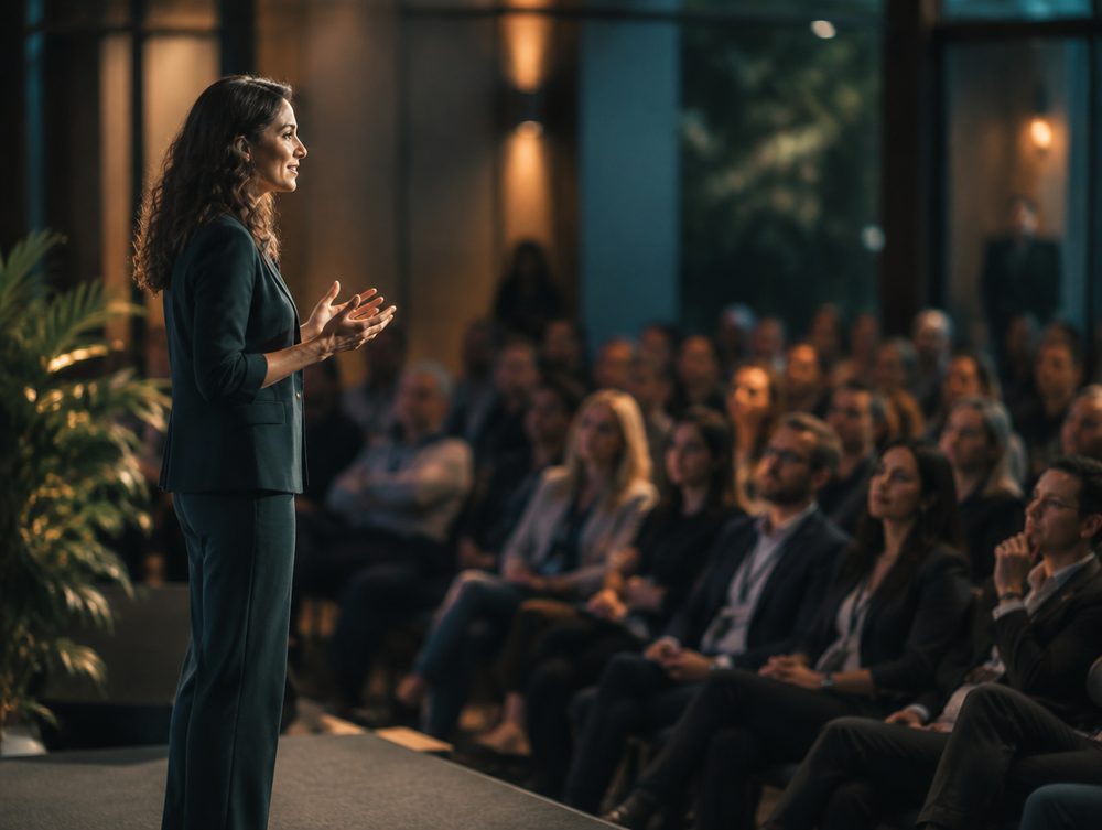 Un conférencier s'adresse à un auditoire de professionnels.