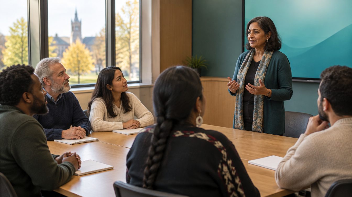 Une formatrice enseigne à un groupe diversifié d'apprenants adultes.
