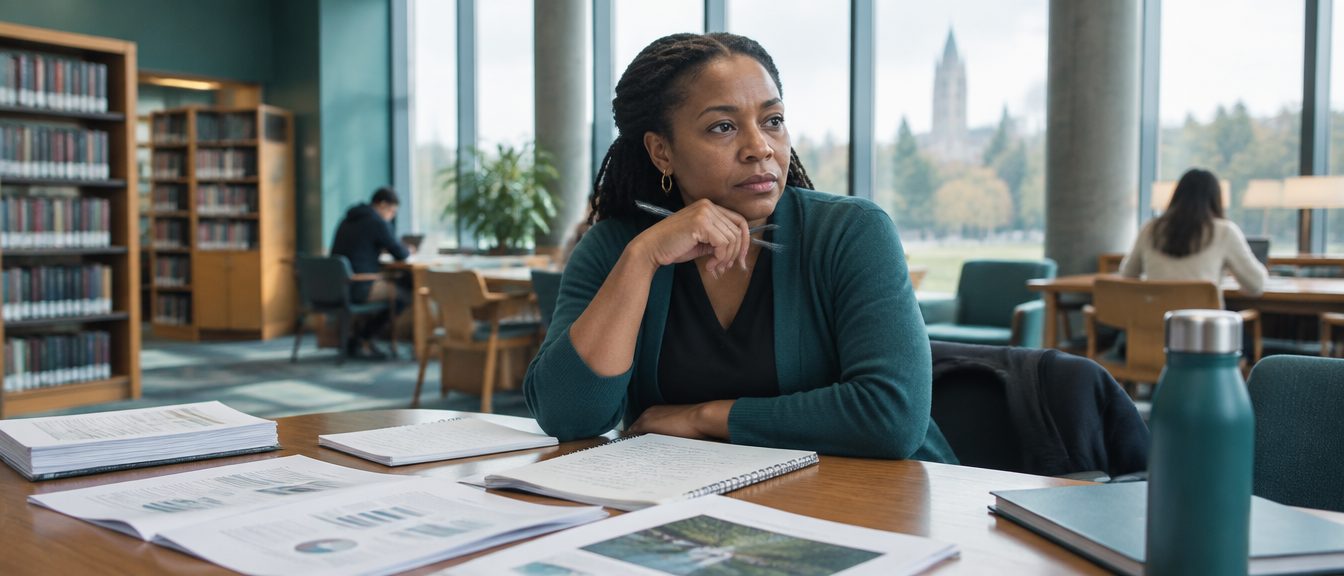 Une chercheuse consulte des rapports imprimés dans une salle d'étude lumineuse de bibliothèque.