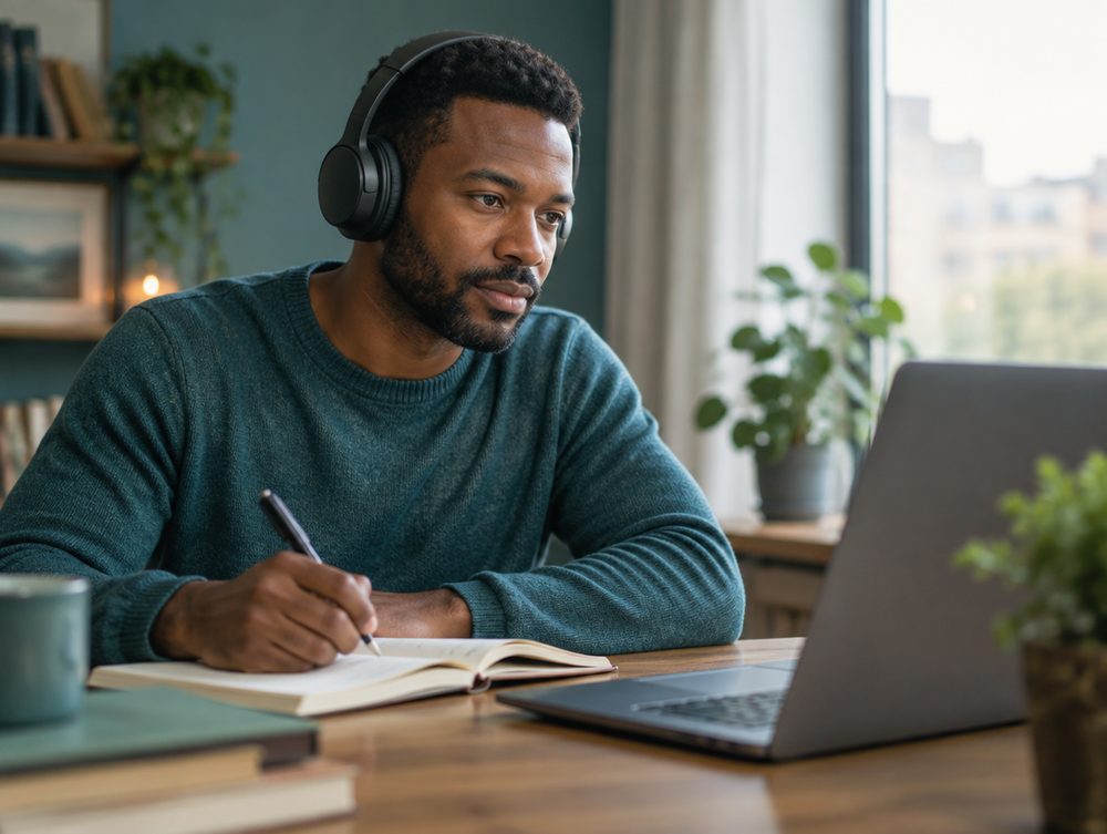 Un membre suit un webinaire en prenant des notes.